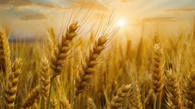 Campo de trigo orelhas de trigo dourado perto de bela natureza paisagem de pôr do sol