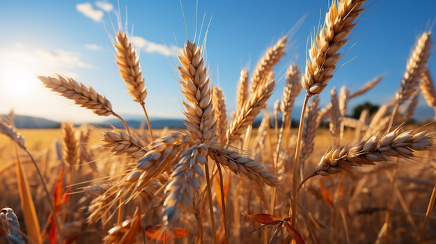 Foto campo de trigo sob a luz solar dourada no estilo laranja claro e natureza azul morte paisagens fotorrealistas