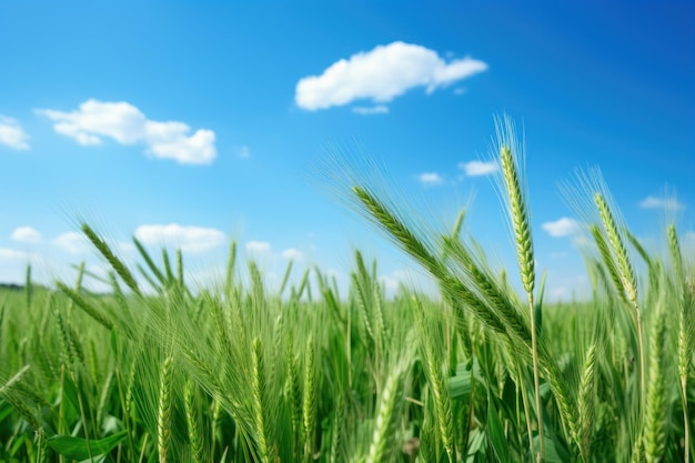 Campo de trigo verde contra o fundo do céu azul