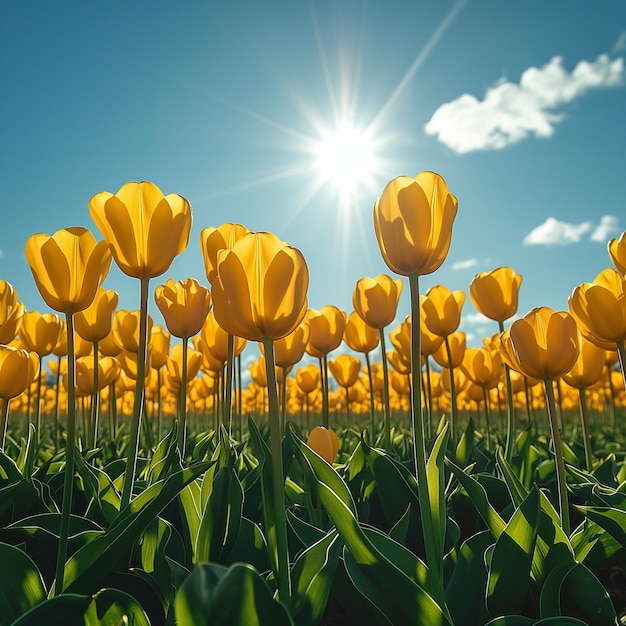 Foto campo de tulipas amarelo suave fundo de céu brilhante