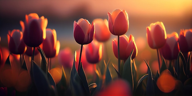 Campo de tulipas coloridas panorama de primavera de campo vermelho AI gerado