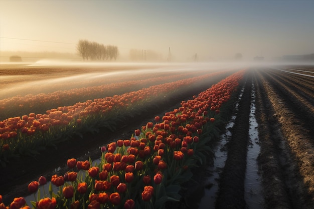 Campo de tulipas com sistema de irrigação pela manhã