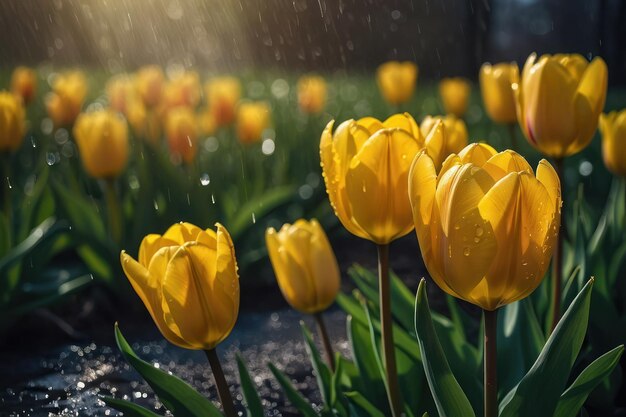 Foto campo de tulipas da hora de ouro com aspergências de água