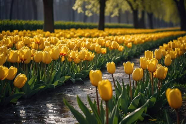 Foto campo de tulipas da hora de ouro com aspergências de água