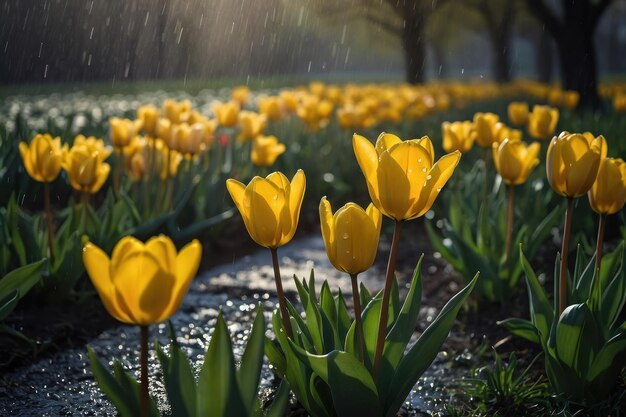 Foto campo de tulipas da hora de ouro com aspergências de água