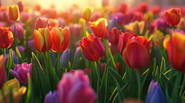 Campo de tulipas de primavera colorido com fundo de sol