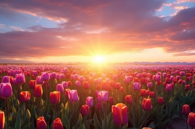 Campo de tulipas no fundo do pôr-do-sol