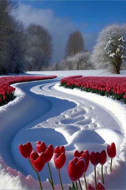 Campo de tulipas vermelhas cobertas de neve generativa ai