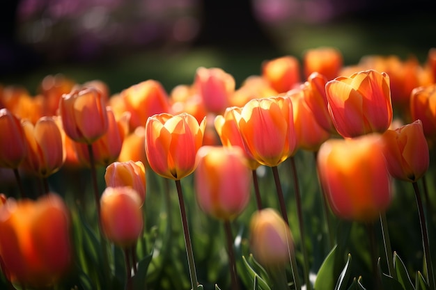 Campo de tulipas vermelhas e laranja coloridas campo muitas flores flores da primavera