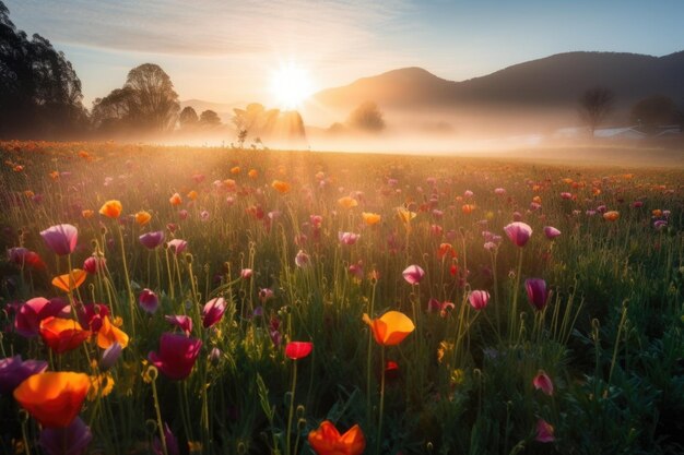 Campo de tulipas vibrante na névoa com o sol da manhã brilhando criado com ai generativa