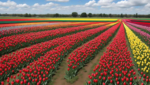 Campo de tulipas vibrante sob o céu azul com nuvens brancas