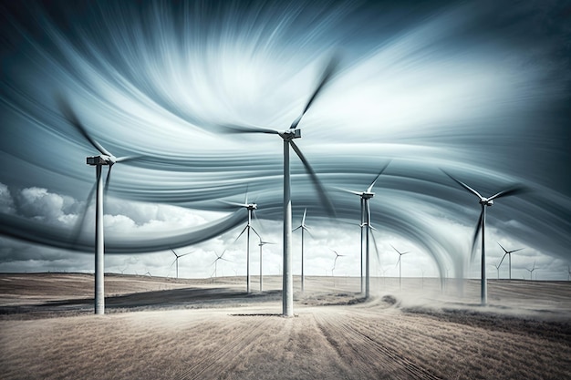 Campo de turbinas eólicas aproveitando a força do vento para produzir eletricidade