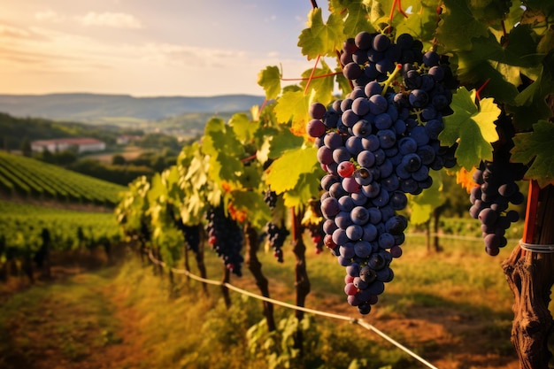 Campo de uva crescendo para vinho Closeup de uvas vermelhas Colinas de vinhedo Cenário de verão com fileiras de pátio de vinho