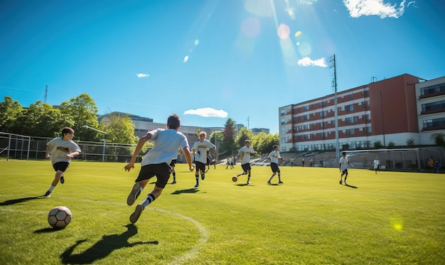 Un campo de deportes al aire libre los estudiantes participan en partidos amistosos mostrando sus habilidades atléticas