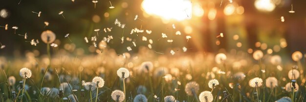 campo de diente de león con algunos volando en el aire en el estandarte del atardecer