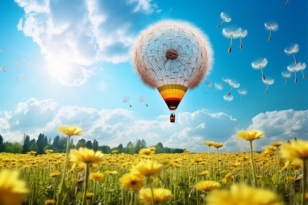 Campo de diente de león con un globo de aire caliente o cometa volando por encima para una escena caprichosa