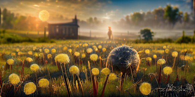 Campo de diente de león en el paisaje rural al amanecer. Ilustración digital. Cuadro