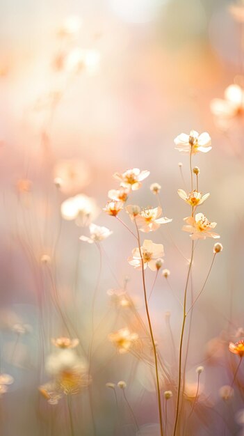 un campo dorado de flores con el sol detrás de ellos