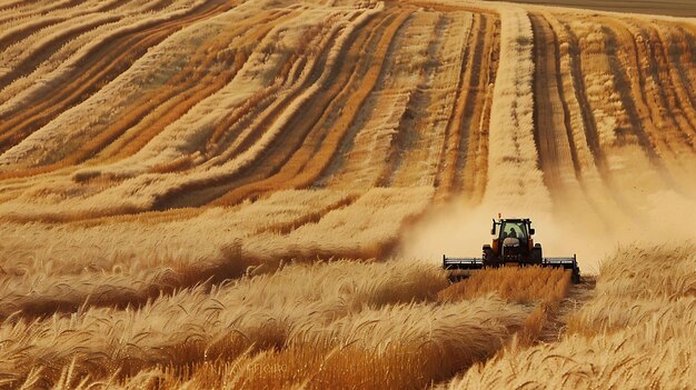 Un campo dorado de trigo está siendo cosechado por una cosechadora