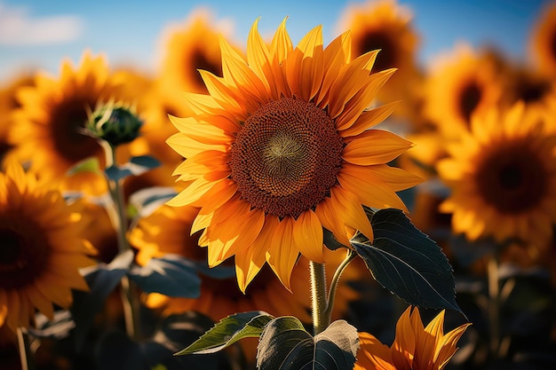 Campo Dourado de Girassóis sob o sol radiante generativo IA