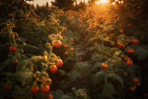 Campo dourado repleto de tomates maduros Borboletas e abelhas completam o cenário IA generativo