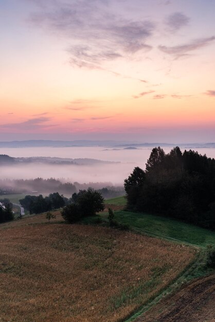 Campo e prados em neblina matinal e névoa no belo nascer do sol