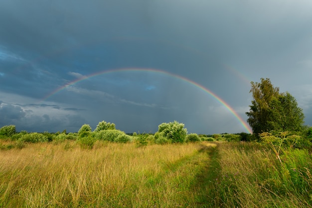 Campo ensolarado logo após a chuva com o arco-íris duplo no céu azul escuro.