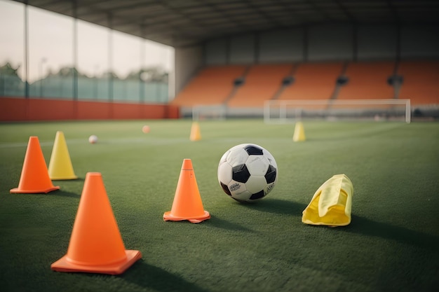 Foto campo de entrenamiento de fútbol con bolas de fútbol conos y cosas de entrenamiento