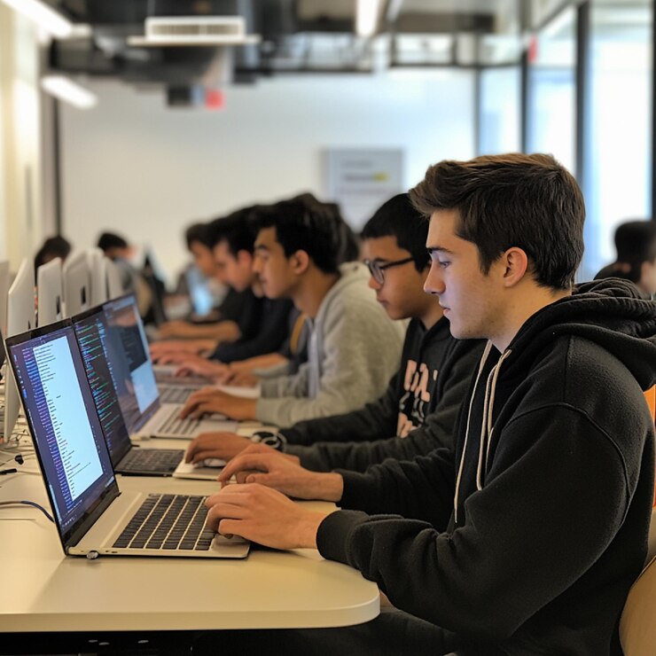 Foto un campo de entrenamiento o taller de codificación con estudiantes que aprenden lenguajes de programación2