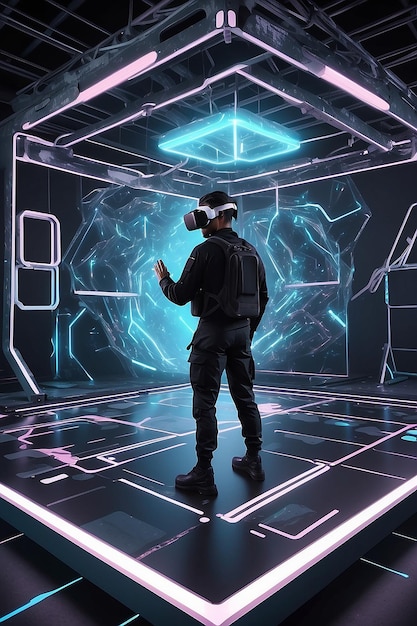 Foto un campo de entrenamiento de realidad virtual con obstáculos y desafíos holográficos