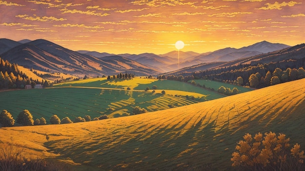 campo ereno colinas um carvalho solitário no meio pôr do sol quente luz montanha distante