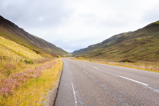 Campo escocés del canal del camino. Camino en perspectiva. Panorama de Escocia