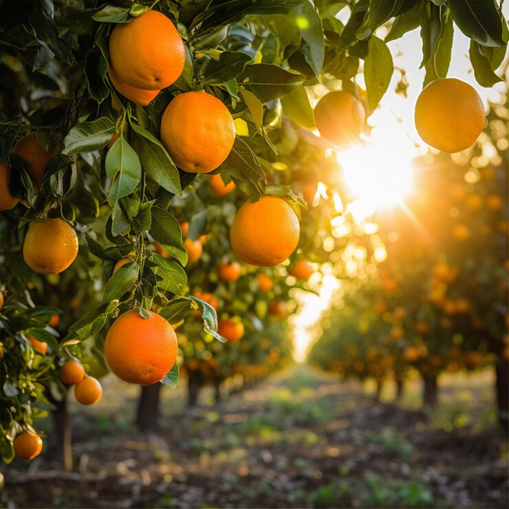 Un campo con filas de naranjos con sus naranjas en una hermosa puesta de sol en el fondo