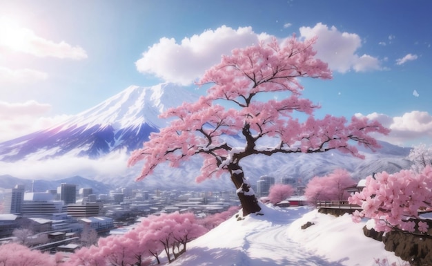 Campo de flor de cerezo con montaña fuji Ilustración generativa de IA