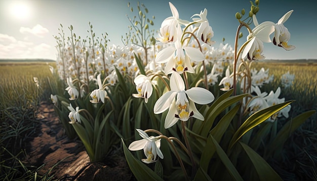 Un campo de flor de orquídea blanca generado ai.