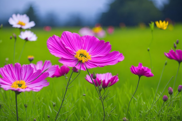 Un campo de flores con una abeja amarilla en el centro.