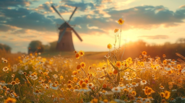 Un campo de flores al atardecer un campo de flores