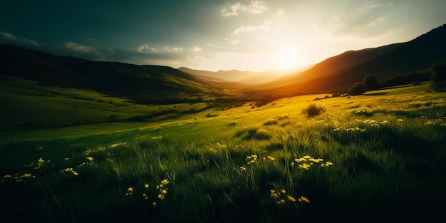 Un campo de flores al atardecer.