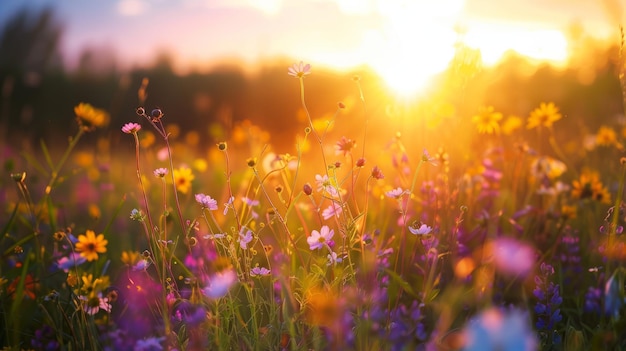 El campo de flores al atardecer