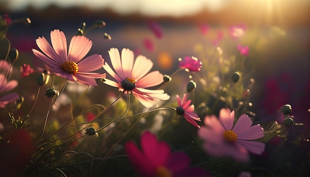 Un campo de flores al atardecer.