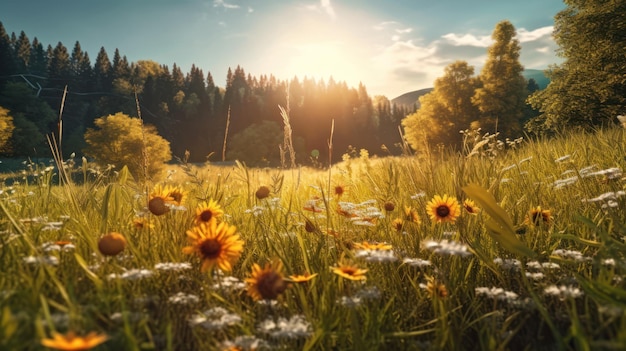 Un campo de flores al sol.