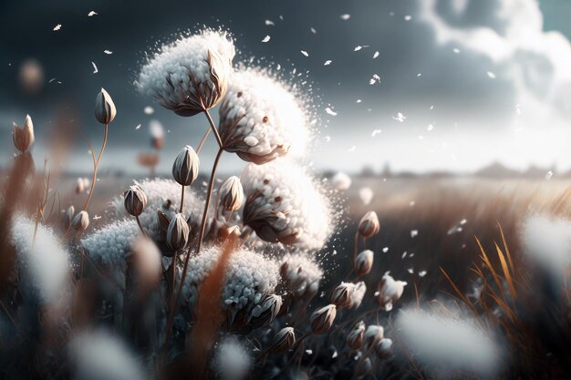 Un campo de flores de algodón que sopla en el viento IA generativa