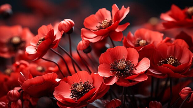 Un campo de flores de amapola rojas con un fondo oscuro