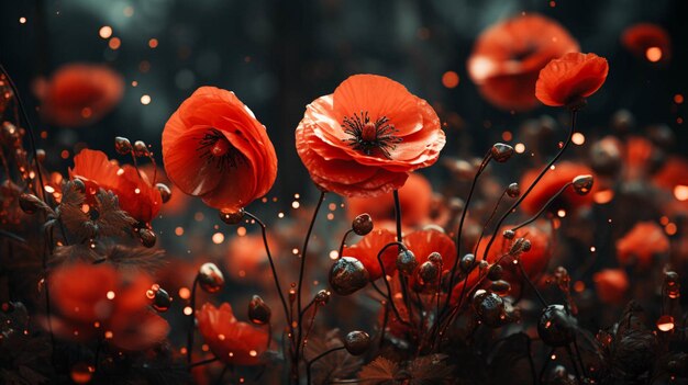 Un campo de flores de amapola rojas con un fondo oscuro