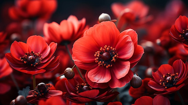 Un campo de flores de amapola rojas con un fondo oscuro