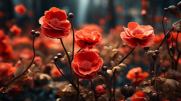 Un campo de flores de amapola rojas con un fondo oscuro