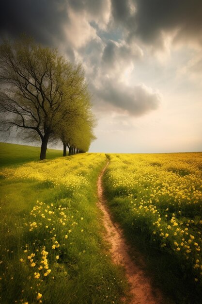 Un campo de flores amarillas con un camino que conduce a él.