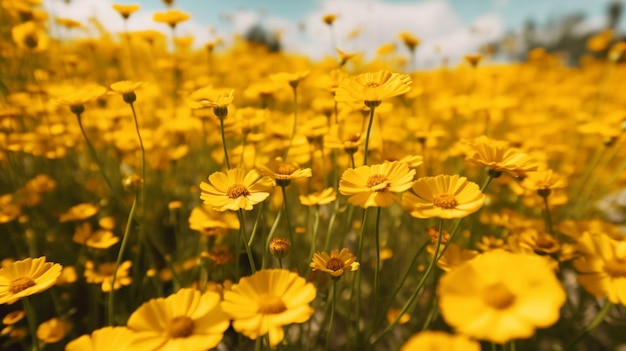 Un campo de flores amarillas con el cielo de fondo