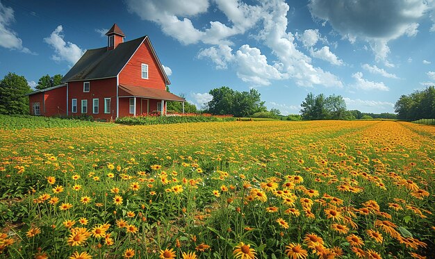 un campo de flores amarillas con un granero rojo en el fondo