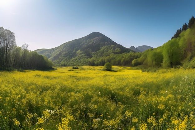 Un campo de flores amarillas con una montaña al fondo